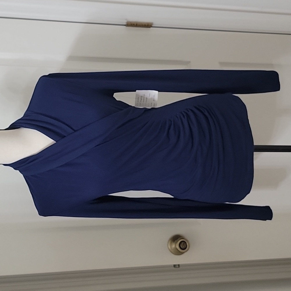 Grace Elements Size M Navy Blue Faux Wrap Long Sleeve Pullover Top, NEW